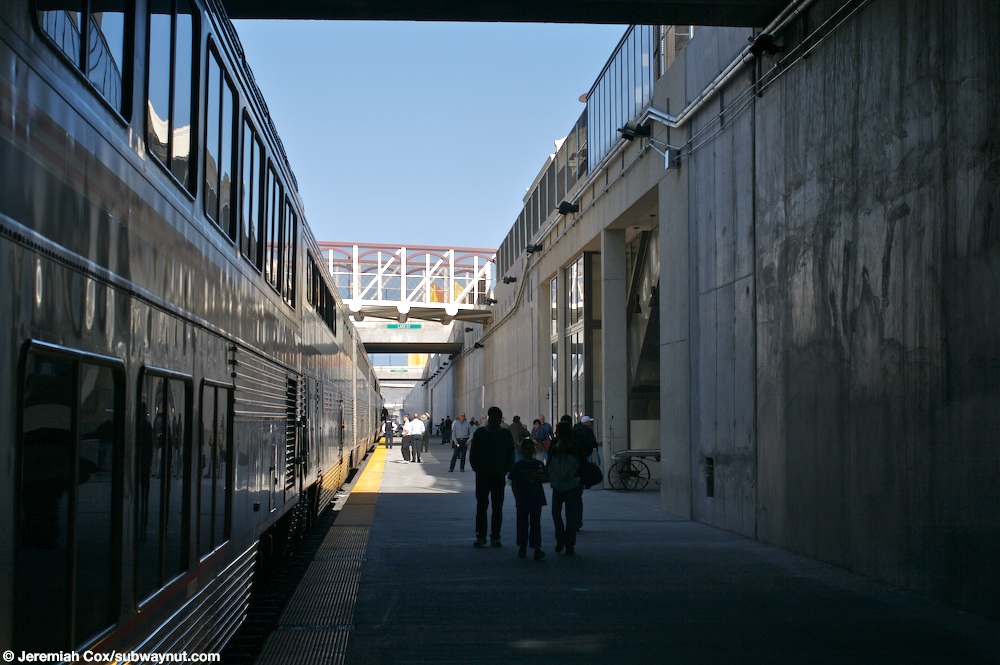 Looking down the platform at Reno NV the station building with the stairs